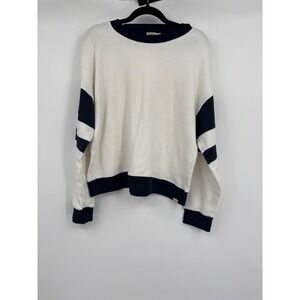 Faherty Brand White Navy Blue Sherpa Fleece Striped Sleeve Pullover Sweatshirt L